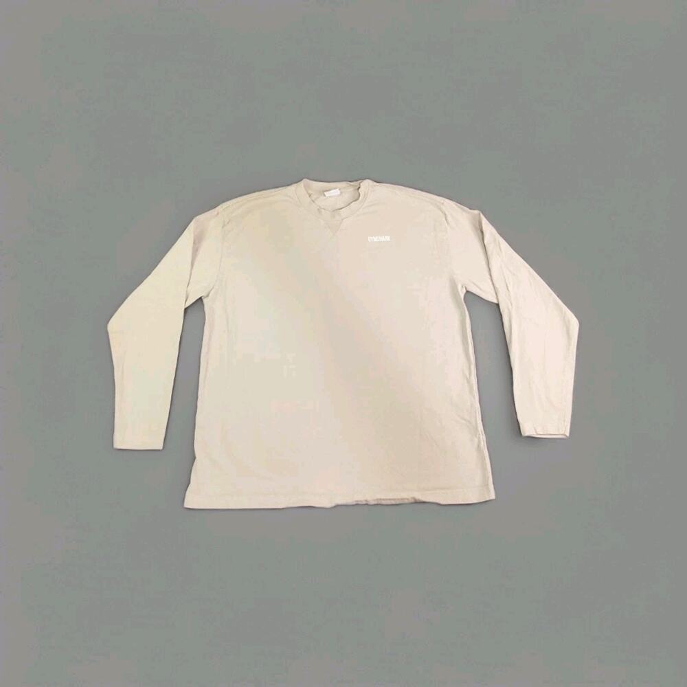 Gymshark T Shirt Mens Sz M Beige Long Sleeve Crew Neck Pullover Tee Cotton C26